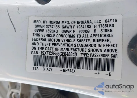 2016 Honda Civic Lx из США, поврежденный, VIN 19XFC2F55GE048840